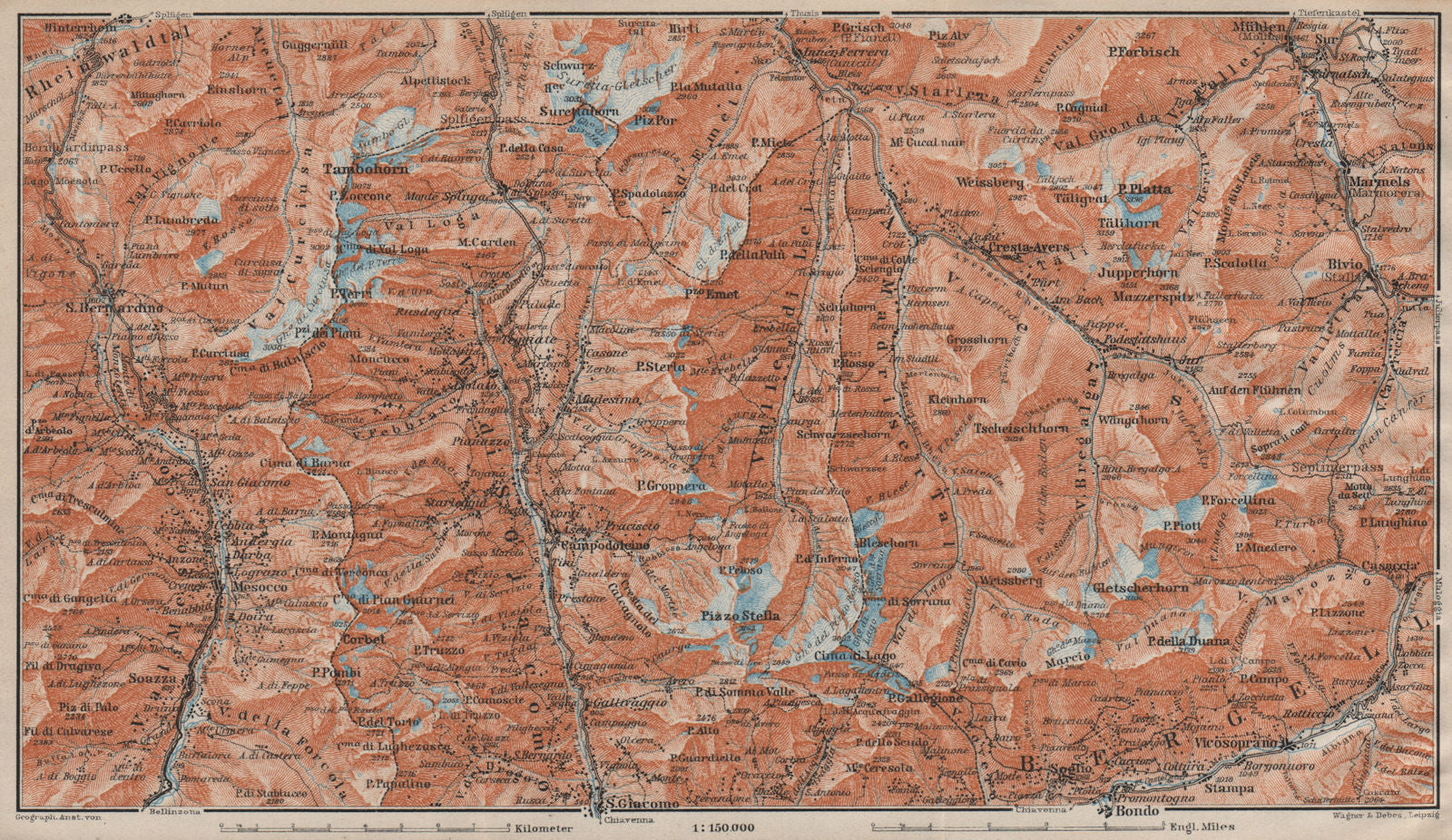 SPLÜGEN-BONDO. Madesimo San Bernardino Mesocco Tambohorn Surettahorn 1922 map
